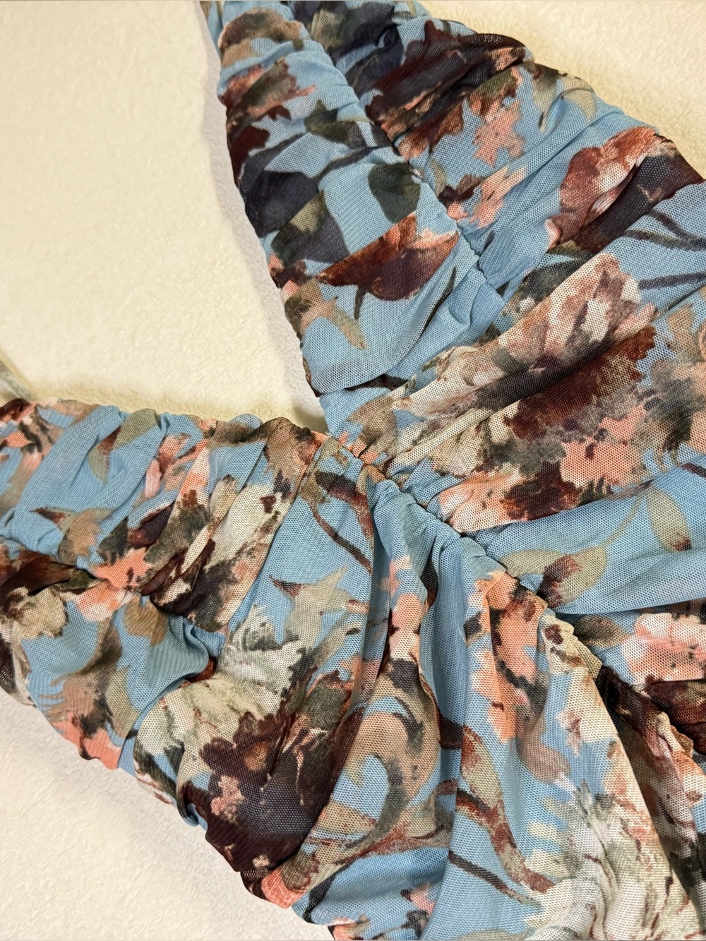 Garden Path Blue Floral Print Mesh Ruched Bodycon Mini Dress - Picture 6 of 7